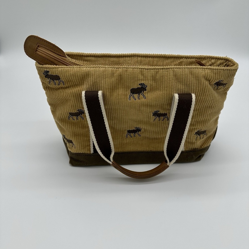 LL Bean Corduroy Moose Embroidered Tote Bag Tan Brown Canvas‎ Zip Top Handbag